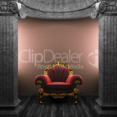 stone columns, chair and wallpaper