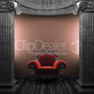 stone columns, chair and wallpaper