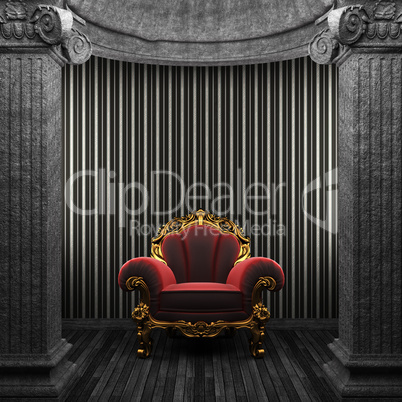 stone columns, chair and wallpaper