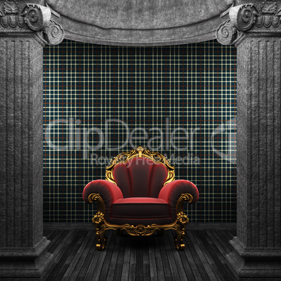 stone columns, chair and wallpaper