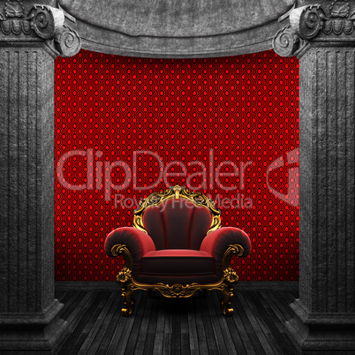 stone columns, chair and wallpaper