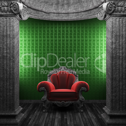 stone columns, chair and wallpaper