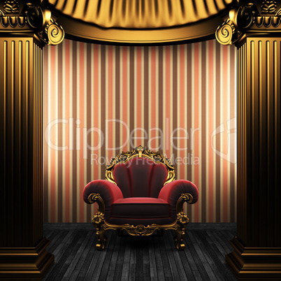 bronze columns, chair and wallpaper