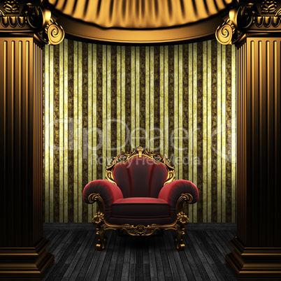 bronze columns, chair and wallpaper