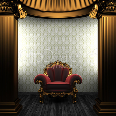 bronze columns, chair and wallpaper