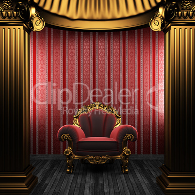 bronze columns, chair and wallpaper