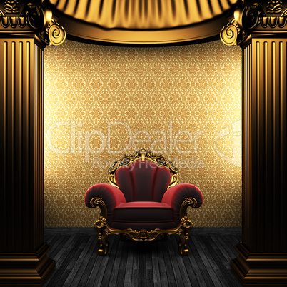 bronze columns, chair and wallpaper