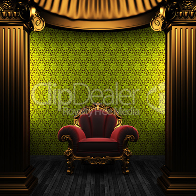 bronze columns, chair and wallpaper