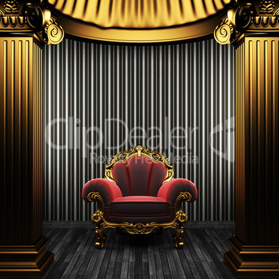 bronze columns, chair and wallpaper