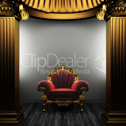 bronze columns, chair and wallpaper