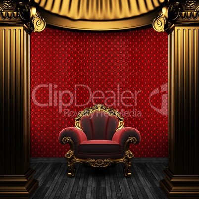 bronze columns, chair and wallpaper