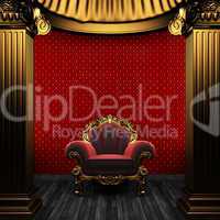 bronze columns, chair and wallpaper