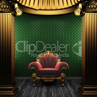 bronze columns, chair and wallpaper