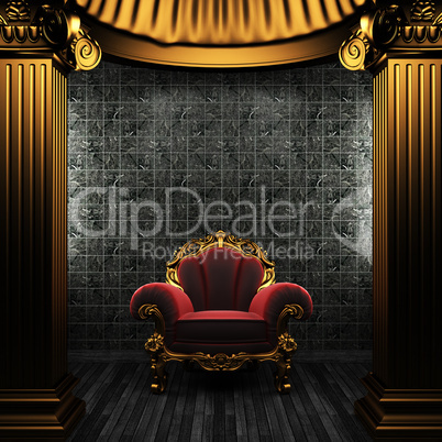 bronze columns, chair and tile wall