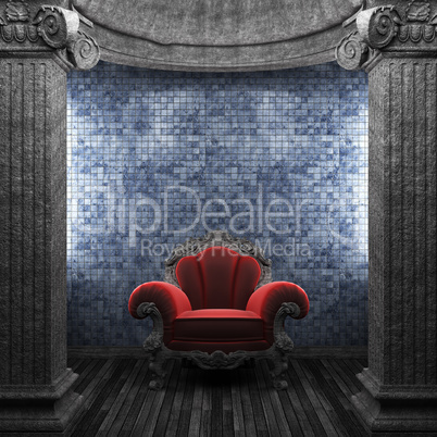 stone columns, chair and tile wall