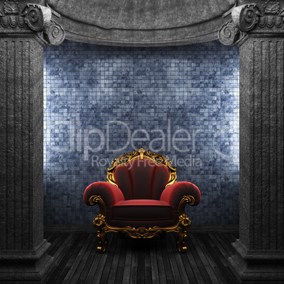 stone columns, chair and tile wall