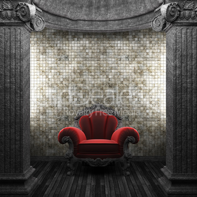 stone columns, chair and tile wall