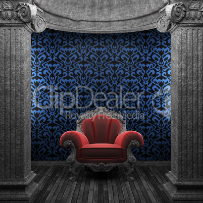 stone columns, chair and tile wall