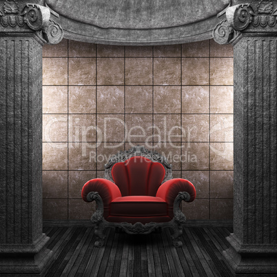 stone columns, chair and tile wall