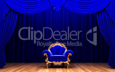 blue velvet curtain and chair