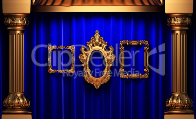 blue curtains, gold columns and frames