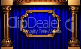 blue curtains, gold columns and frames