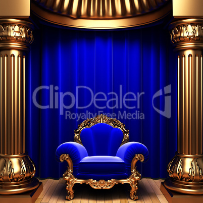 blue velvet curtains, gold columns and chair