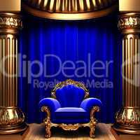 blue velvet curtains, gold columns and chair