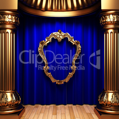 blue curtains, gold columns and frames