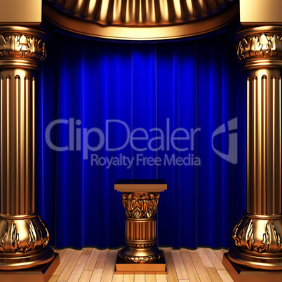 blue velvet curtains, gold columns and Pedestal