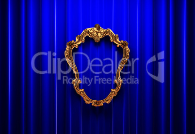 blue curtains, gold frame