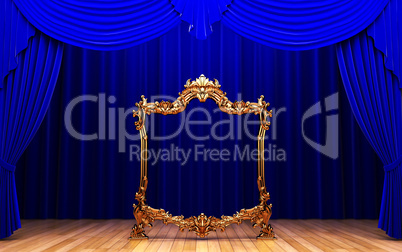 blue curtains, gold frame