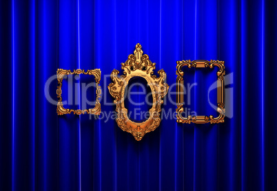 blue curtains, gold frame