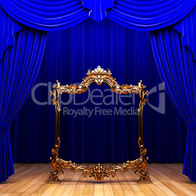blue curtains, gold frame