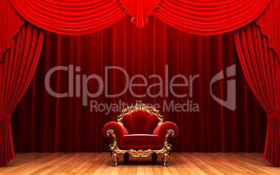 Red velvet curtain and chair