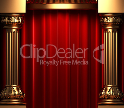 red velvet curtains behind the gold columns