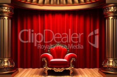 red velvet curtains, gold columns and chair