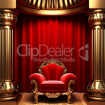 red velvet curtains, gold columns and chair