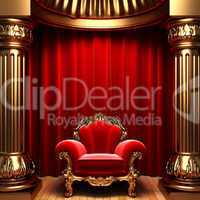 red velvet curtains, gold columns and chair