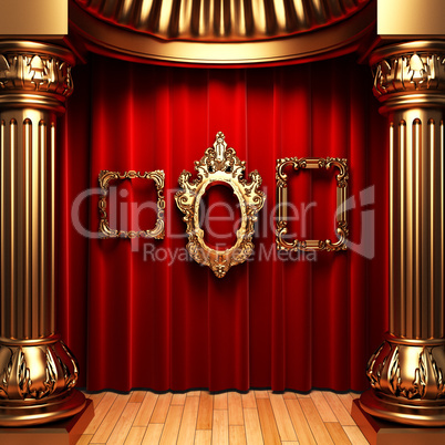 red curtains, gold columns and frames