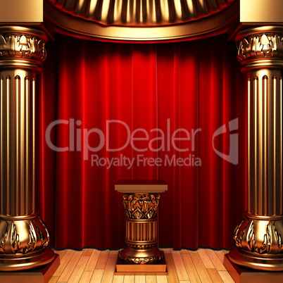 red velvet curtains, gold columns and Pedestal