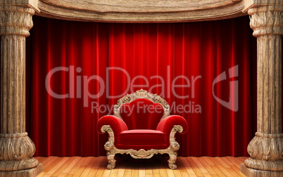 red velvet curtains, wood columns and chair