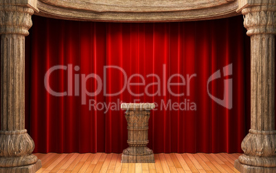 red velvet curtains, wood columns and Pedestal