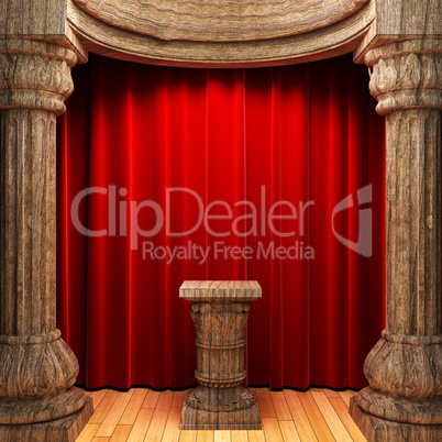 red velvet curtains, wood columns and Pedestal