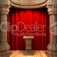 red velvet curtains, wood columns and Pedestal
