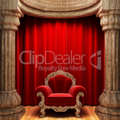 red velvet curtains, wood columns and chair