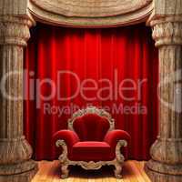 red velvet curtains, wood columns and chair