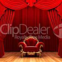 Red velvet curtain and chair