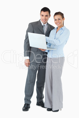 Business partner with notebook against a white background