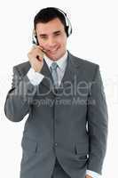 Male call center agent with headset on